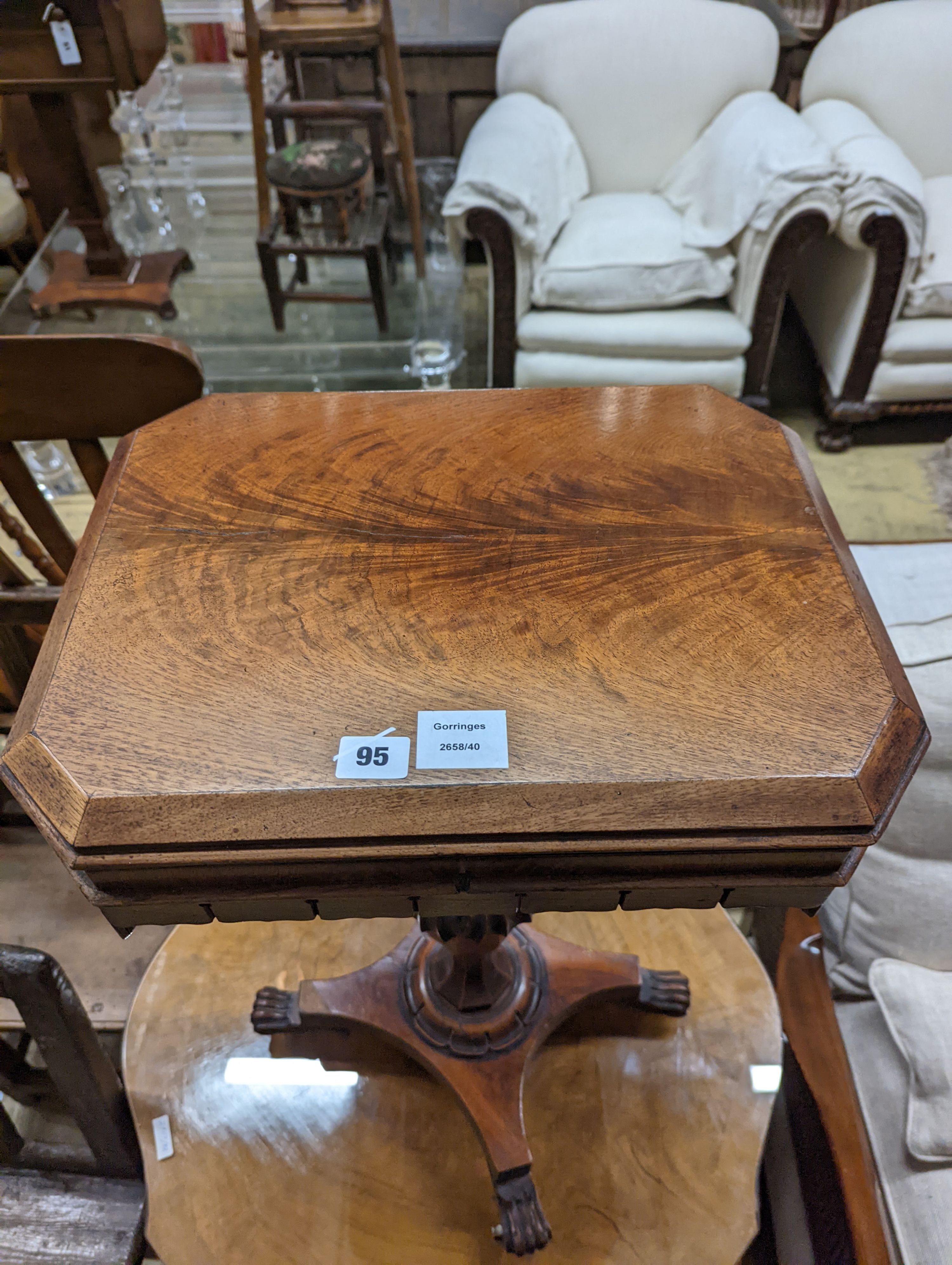 A William IV mahogany work table, width 44cm, depth 34cm, height 72cm